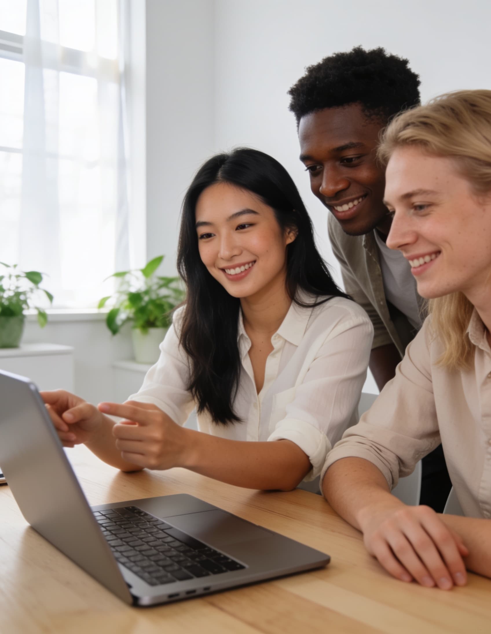 A team collaborating on social content around a laptop