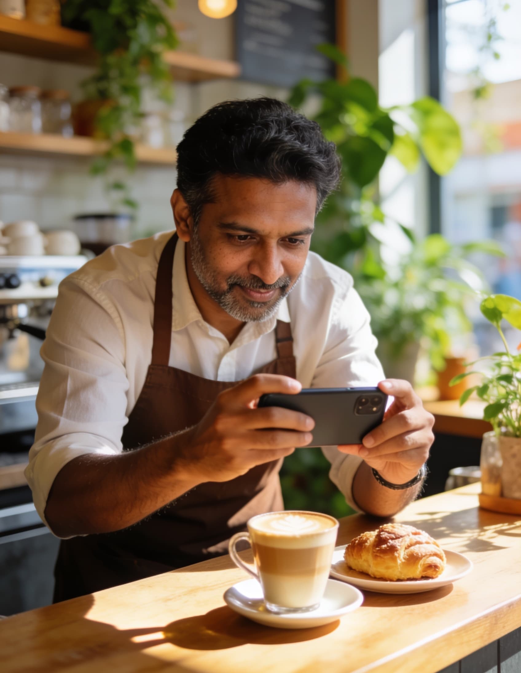 A cafe owner photographing a product on his phone