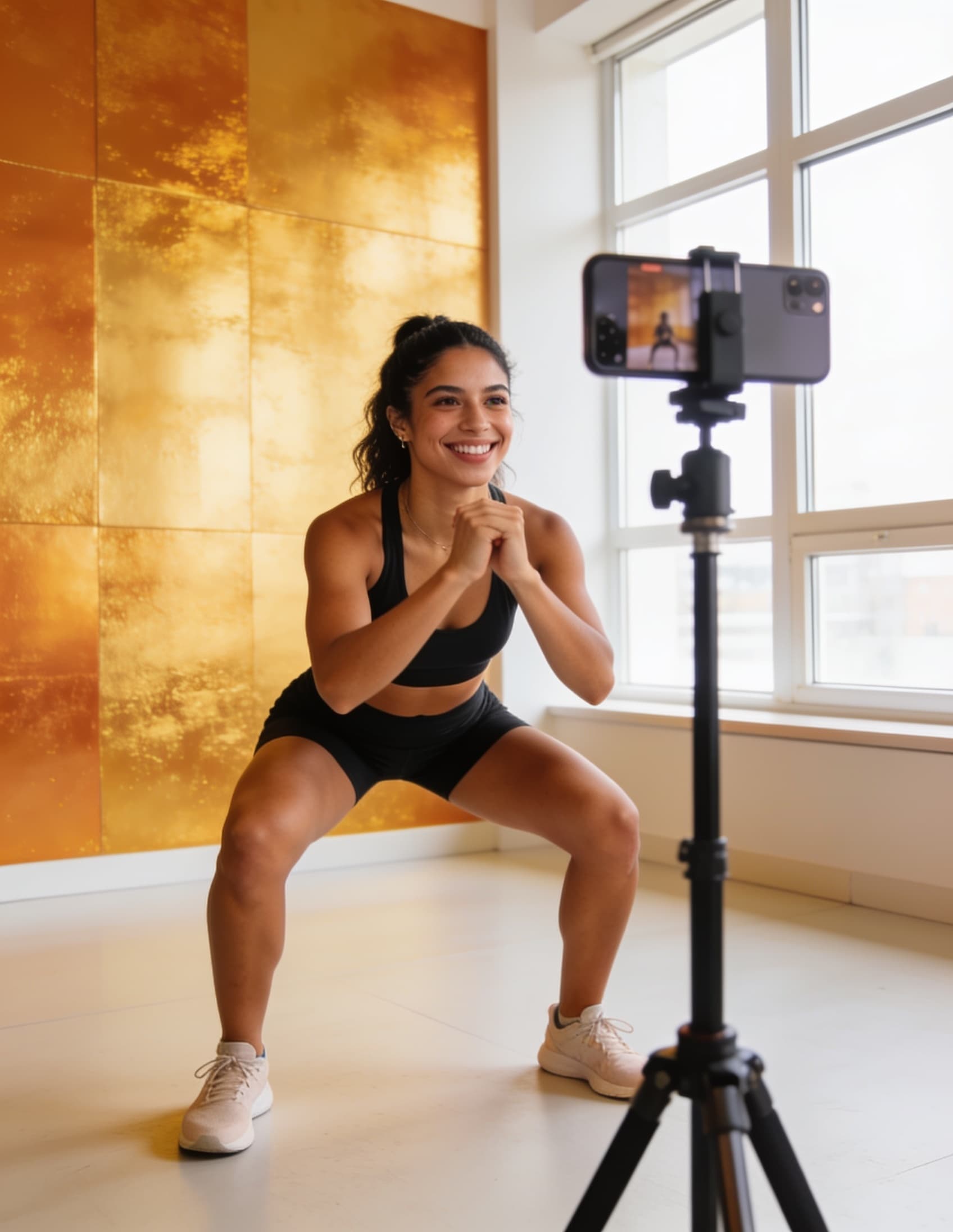 A fitness creator recording a workout reel on her phone