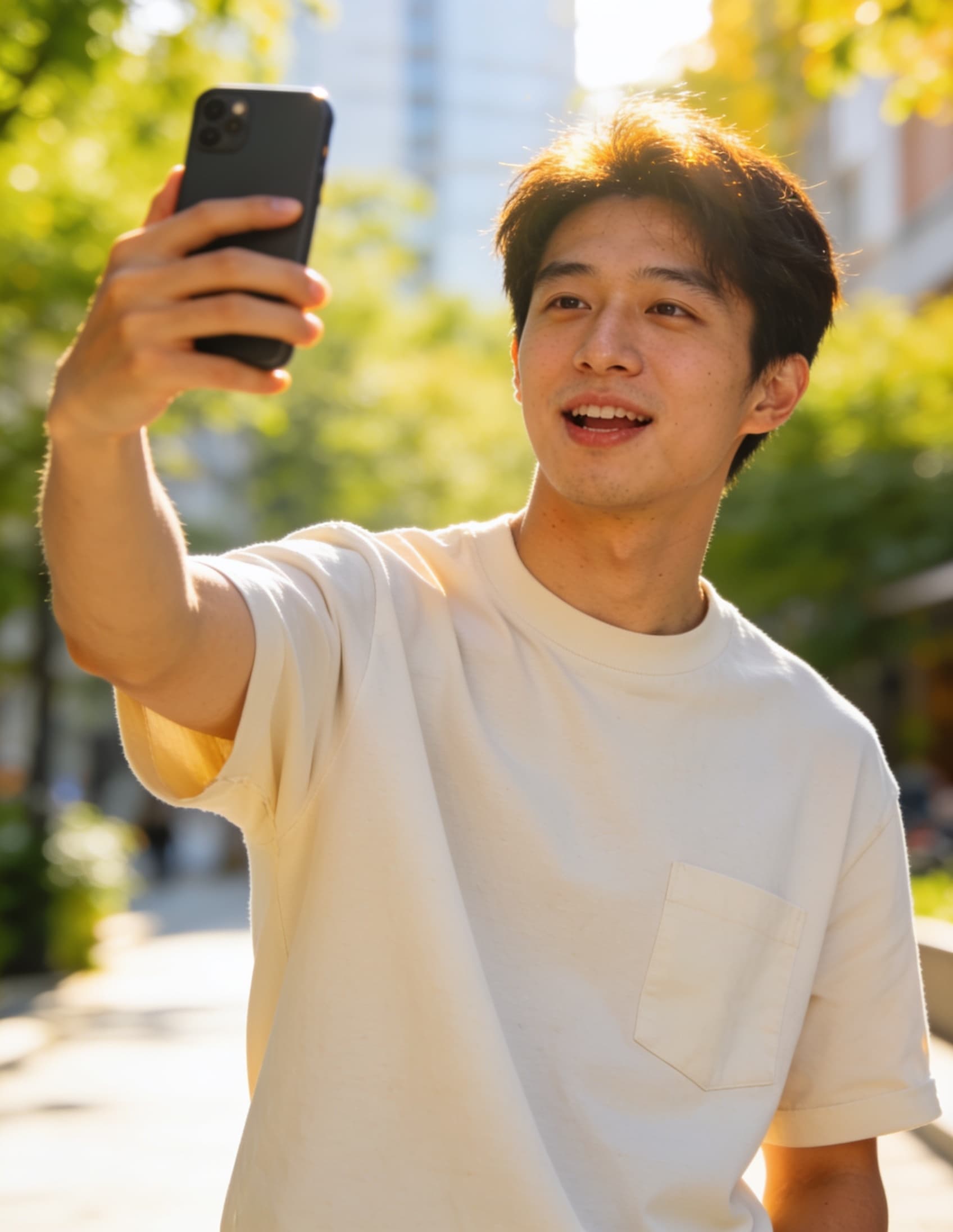 A creator recording a talking-head video outdoors