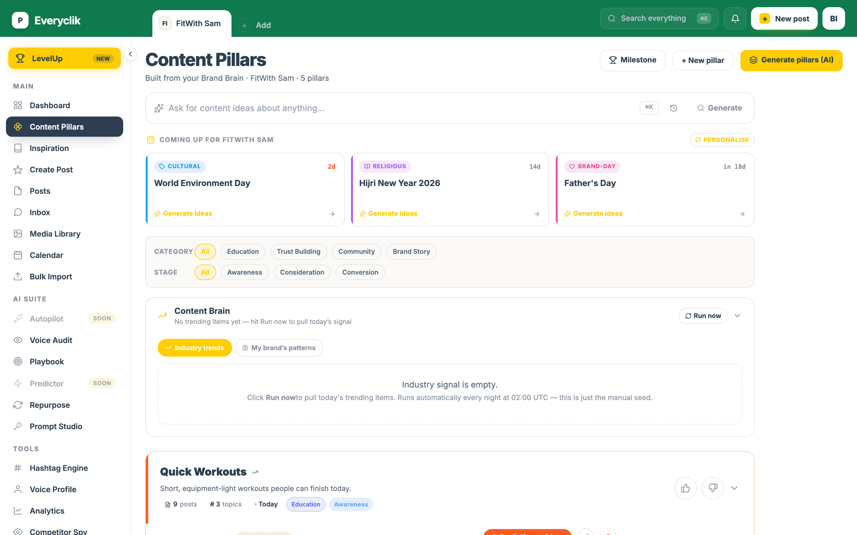 The everyclik content pillars screen showing balanced topics for a brand