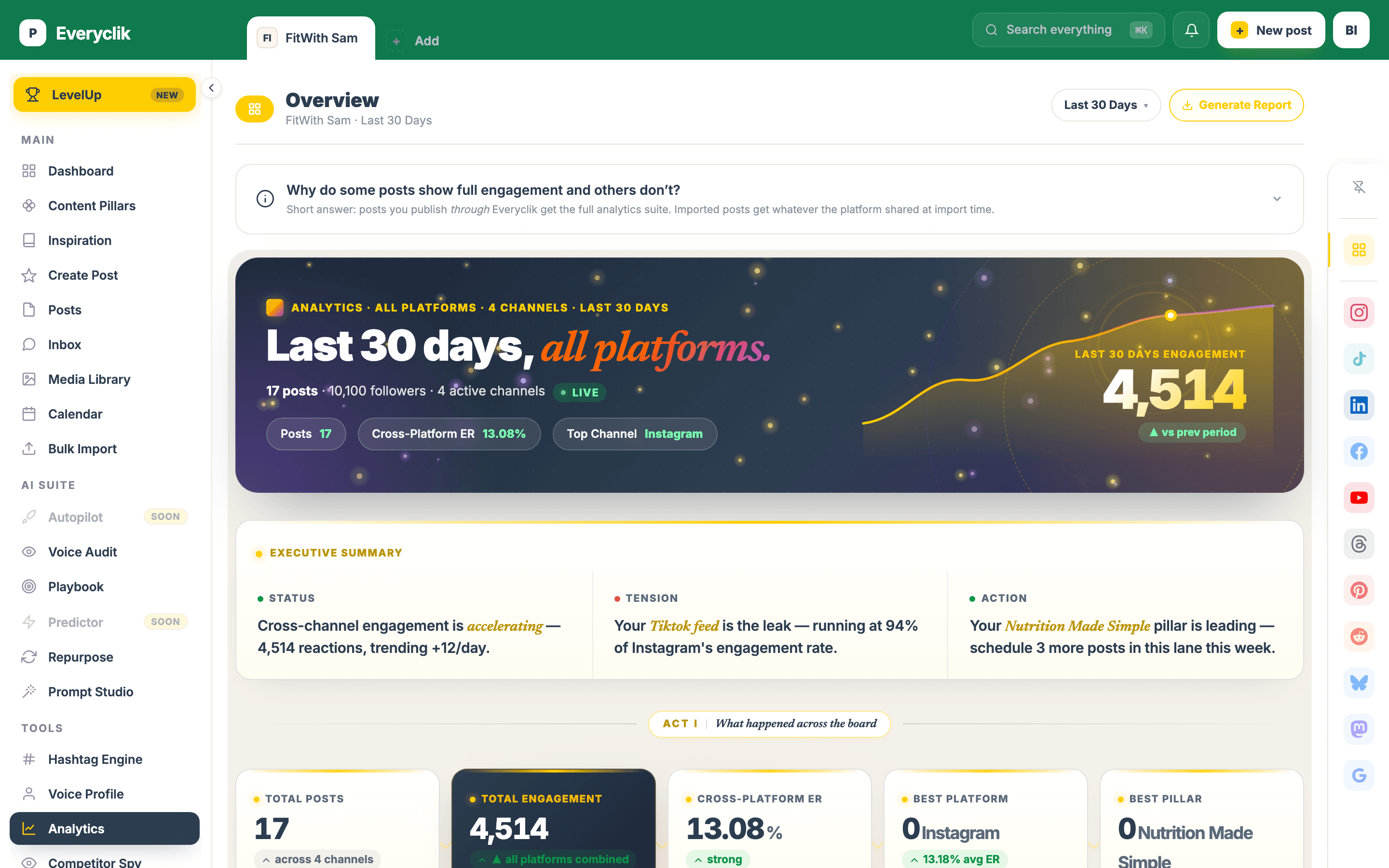 The everyclik analytics overview showing engagement across platforms in plain language