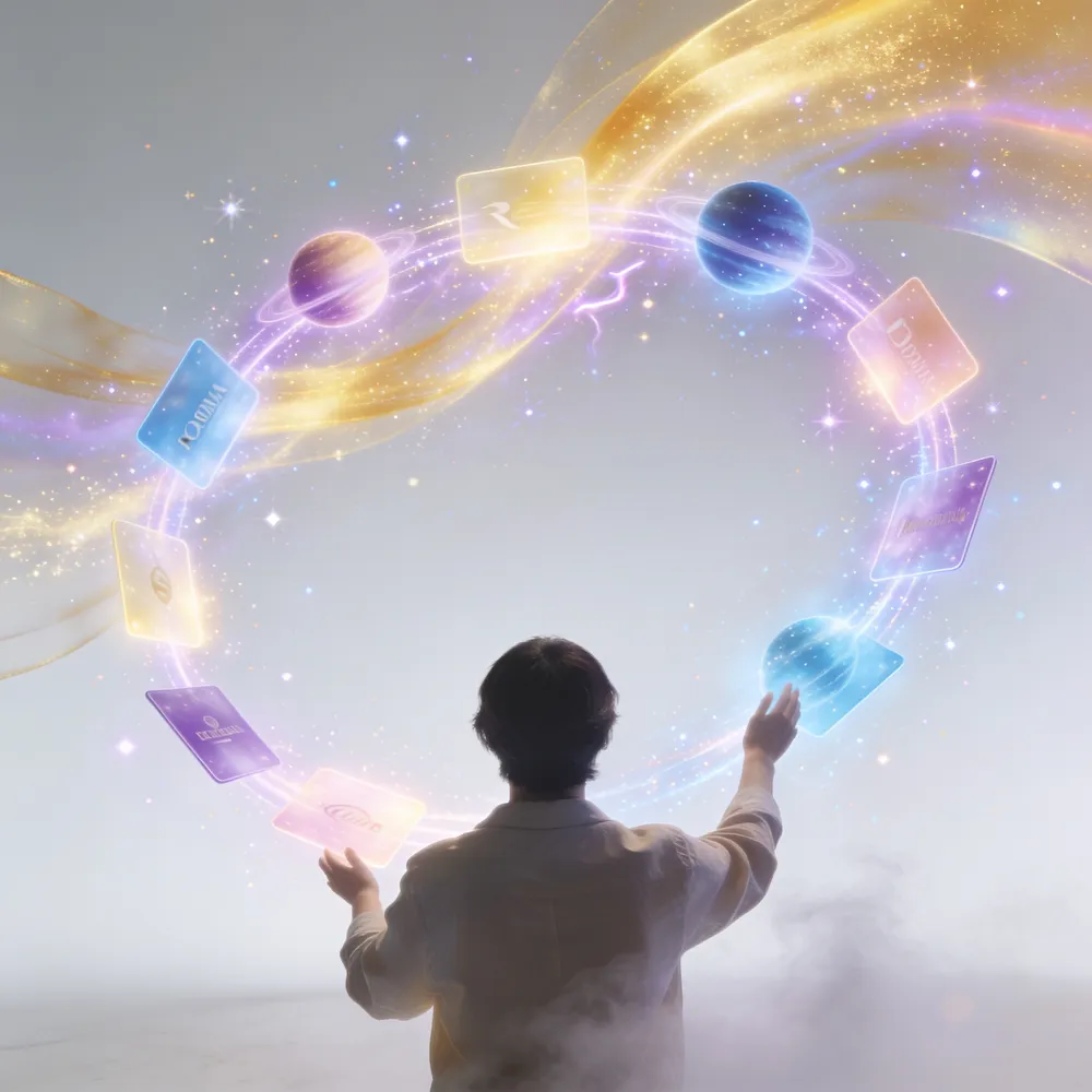 A person calmly conducting a constellation of glowing brand-cards orbiting around them