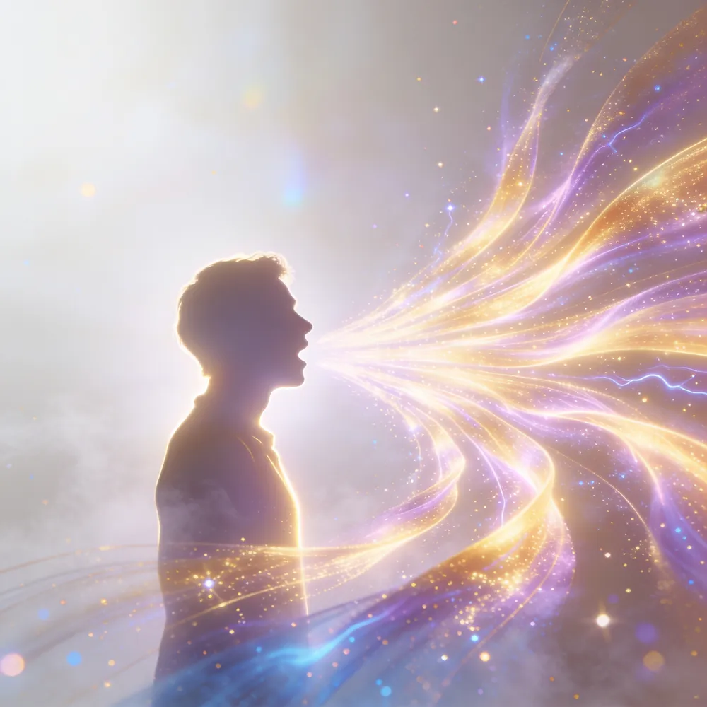 A speaker whose voice becomes glowing ribbons of light multiplying outward