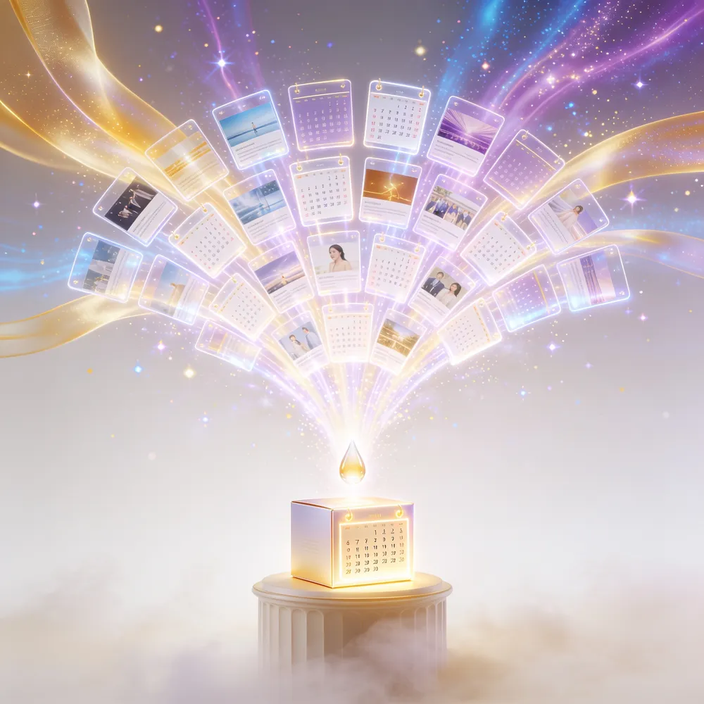 A product erupting into a fountain of glowing content cards arranged like a calendar