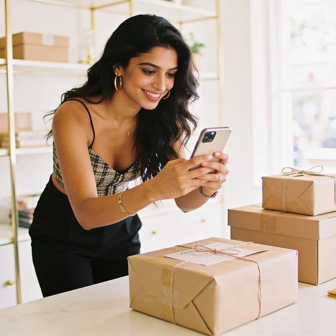 An online-shop owner photographing a product order