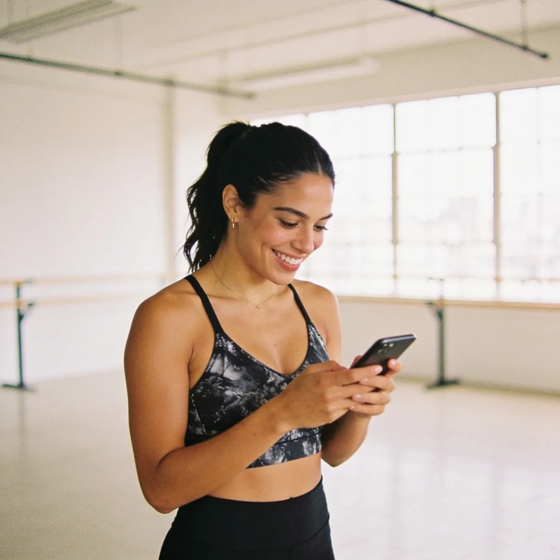 A fitness instructor after class checking her phone