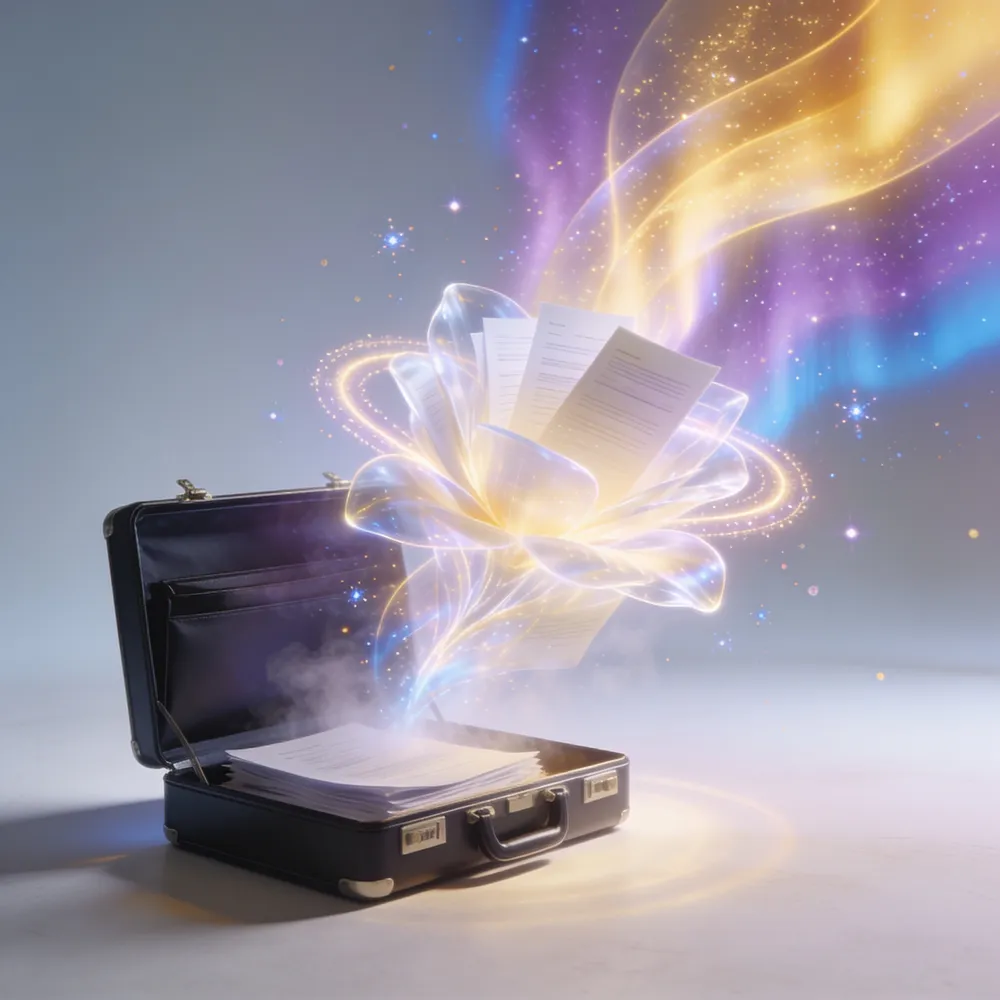 A briefcase blooming into glowing documents and trust-halos