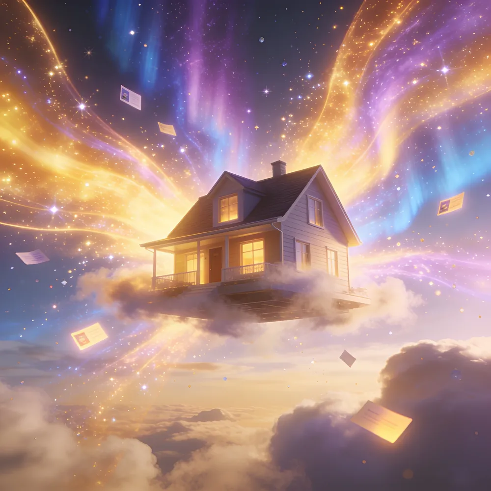 A home floating in the sky radiating light and content cards