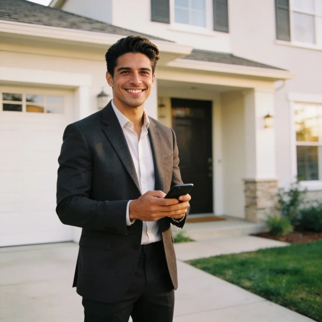 A real-estate agent outside a modern home with his phone