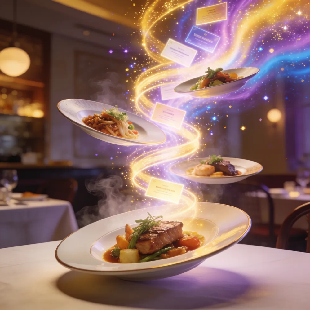 Plated dishes spiralling upward into a glowing stream of content cards