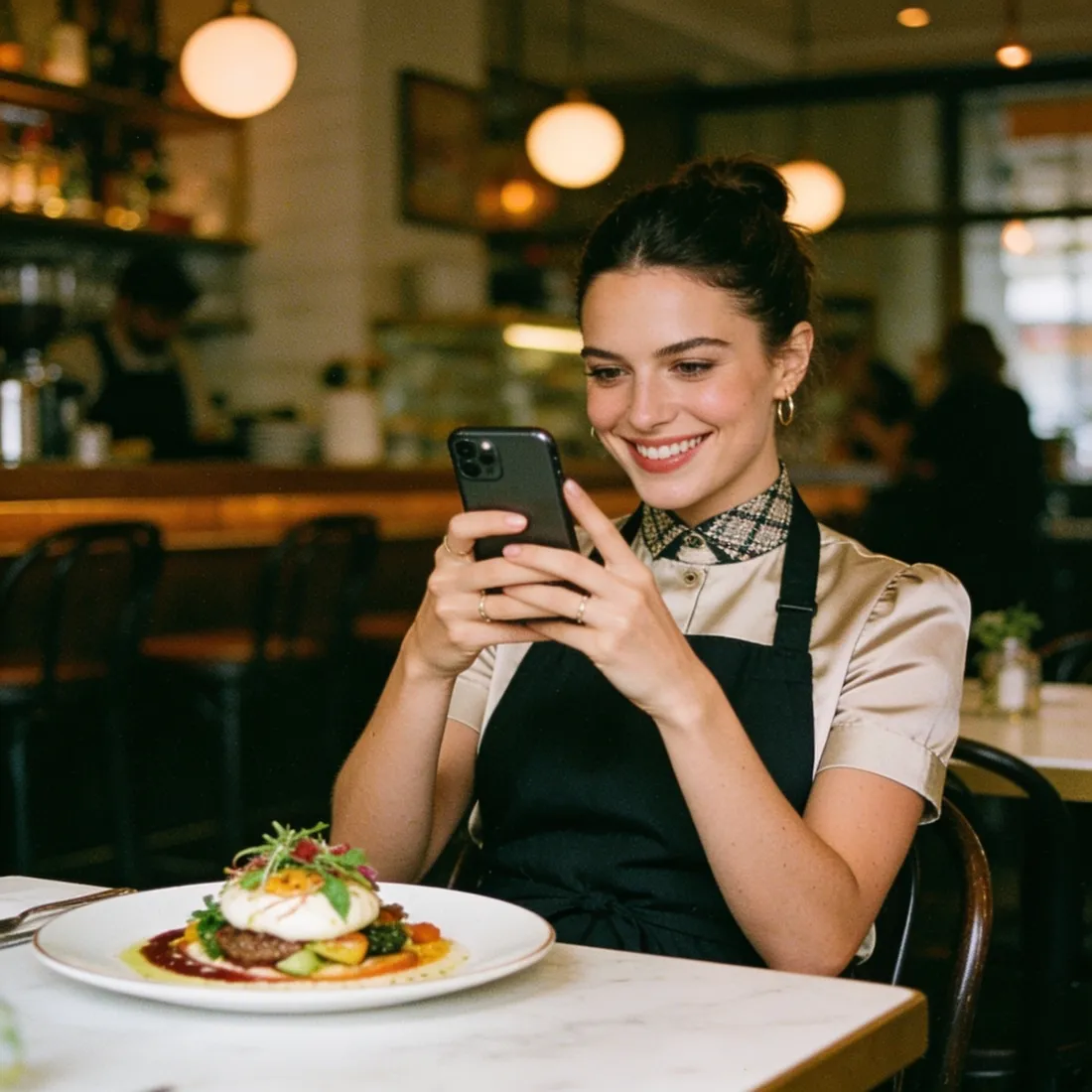 A cafe owner photographing a plated dish in her cafe