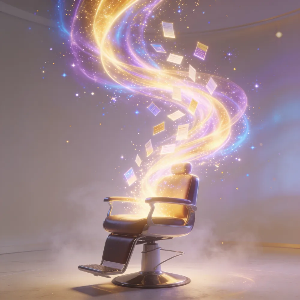 A glowing ribbon of light rising from a salon chair like a transformation