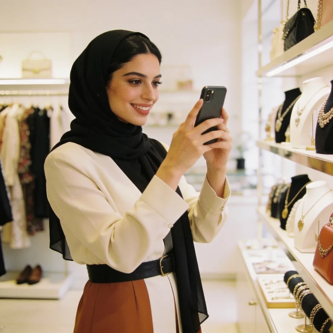 A boutique owner photographing a product in her shop