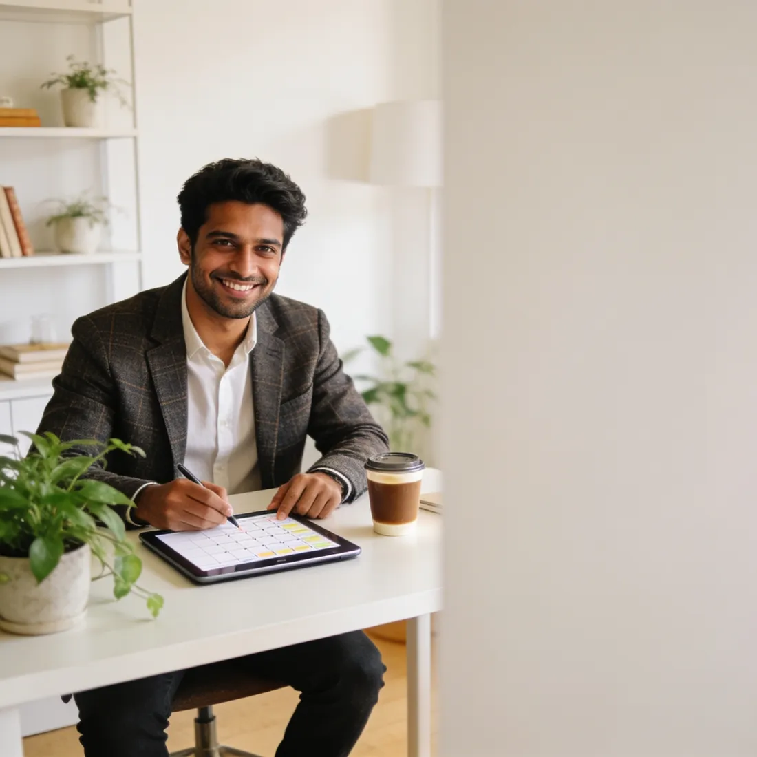 A founder planning his content week on a tablet calendar at a bright desk