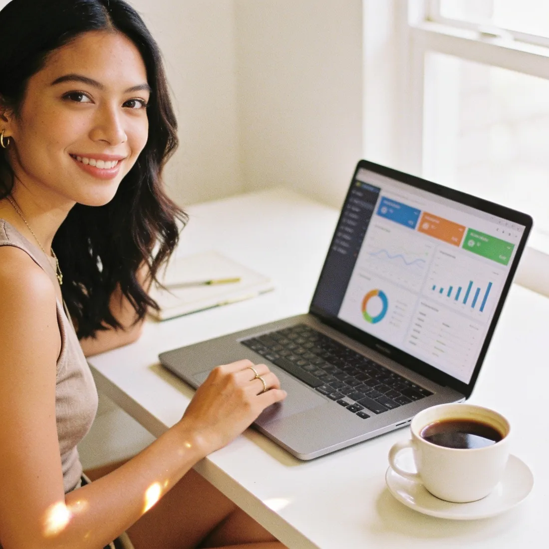 A business owner reviewing her dashboard over morning coffee