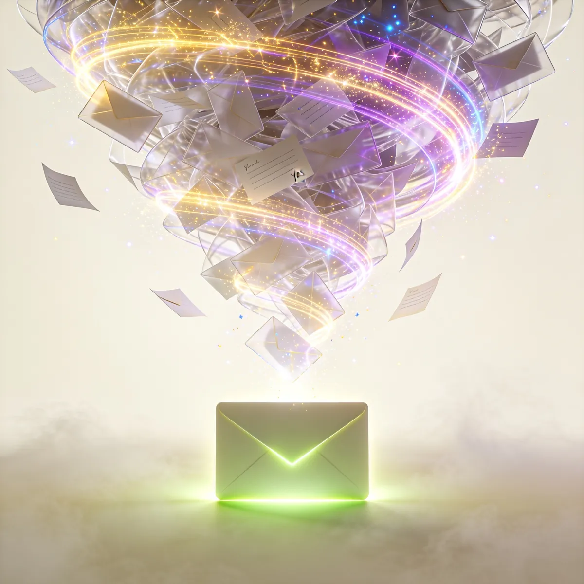 A storm of envelopes resolving into one calm glowing approval card