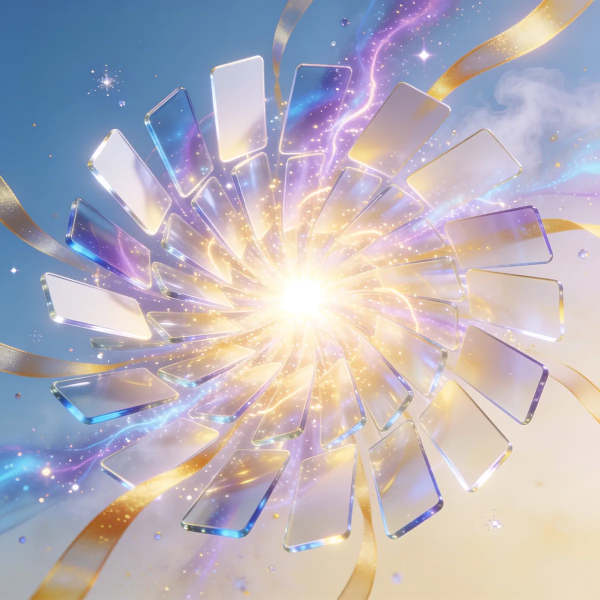 A radial bloom of glowing cards bursting from one bright point