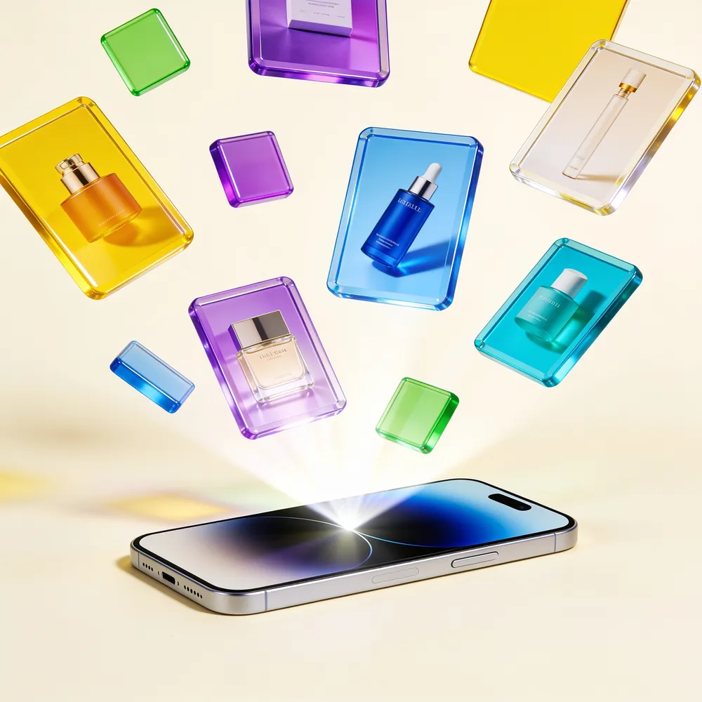 A phone projecting a constellation of styled product photos