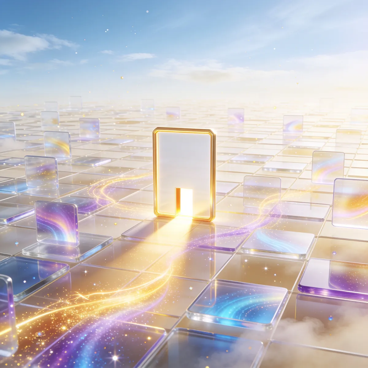 A vast grid of glowing panels with one gold-framed opening lit by a beam of light