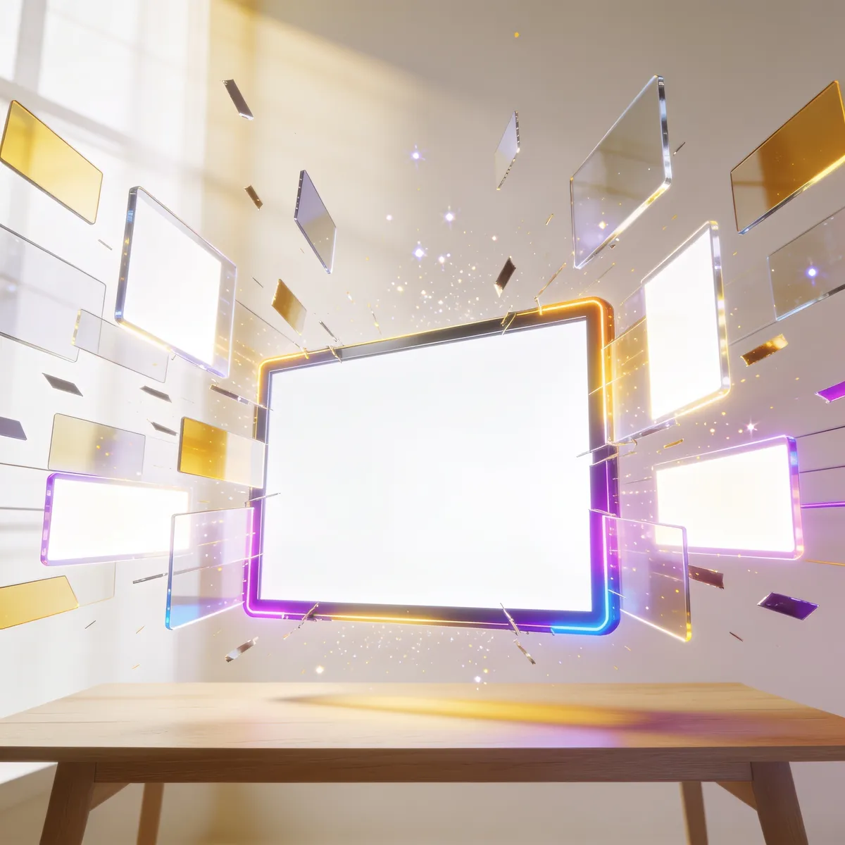 Scattered glowing panels converging into one calm screen on a desk