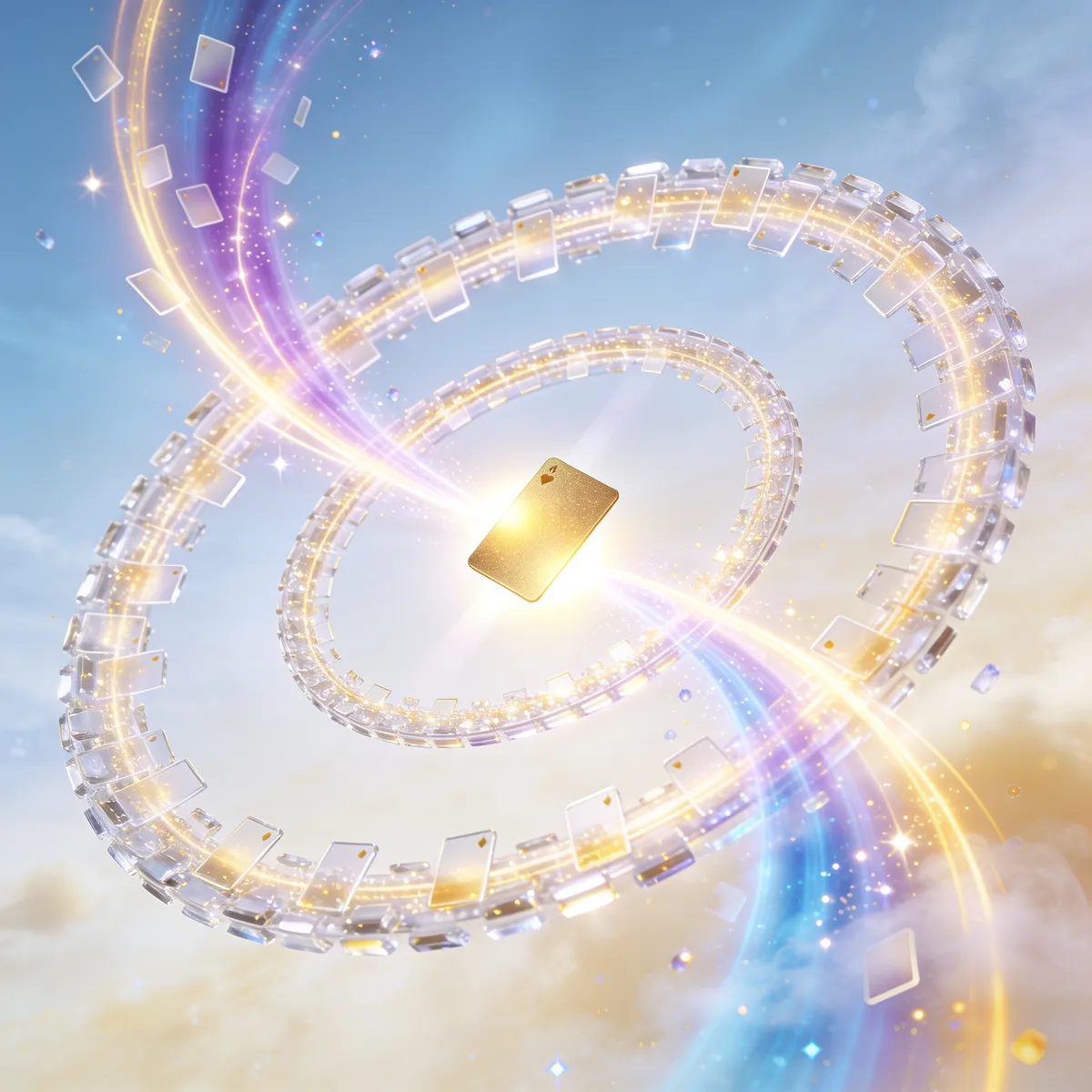 Orbits of glowing cards with one golden card in the bright sweet spot