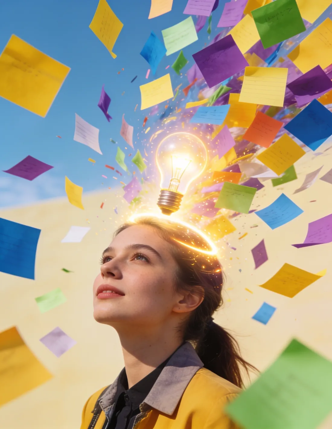 Ideas bursting out of a creator's head as colourful notes
