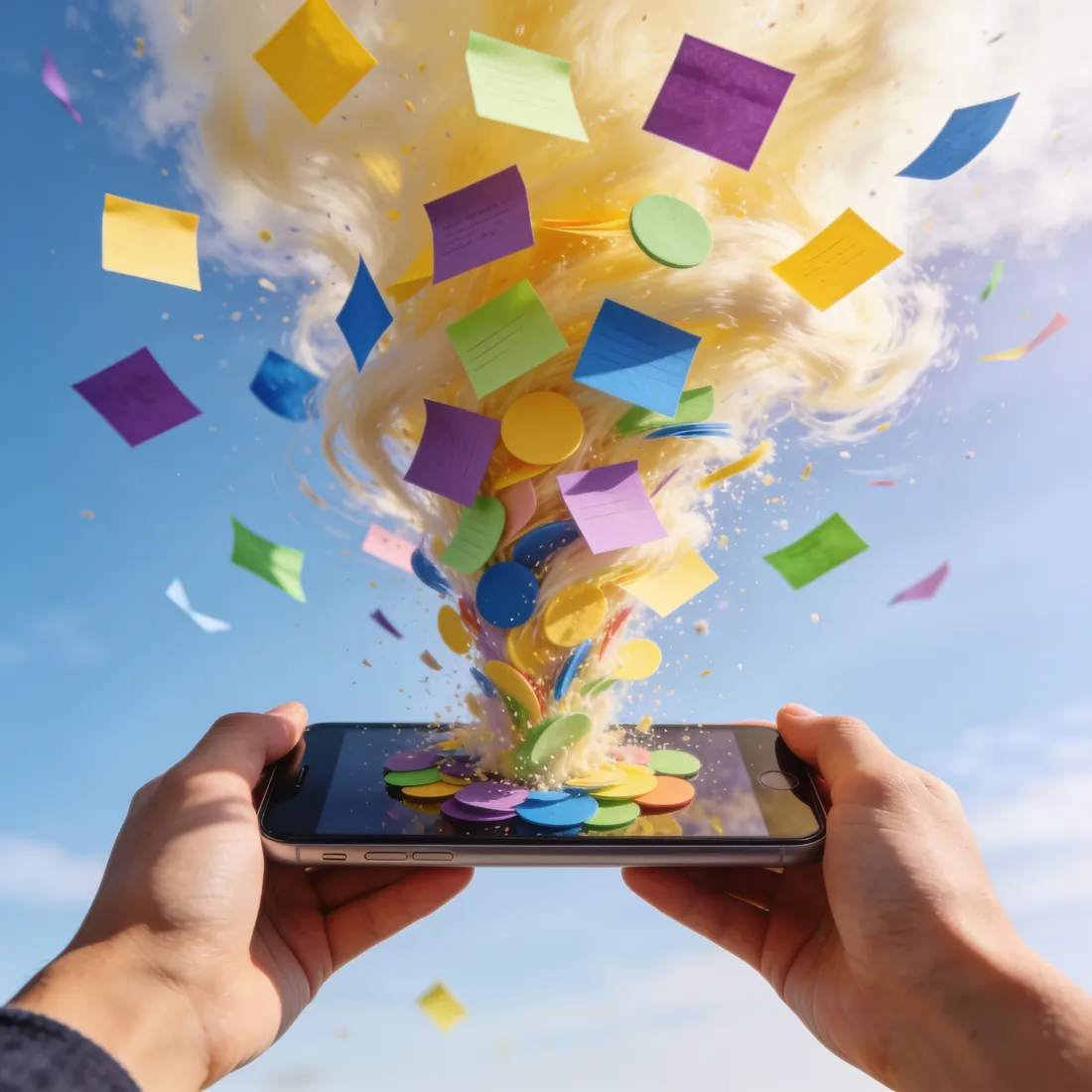 A phone erupting a fountain of colourful idea notes into the sky