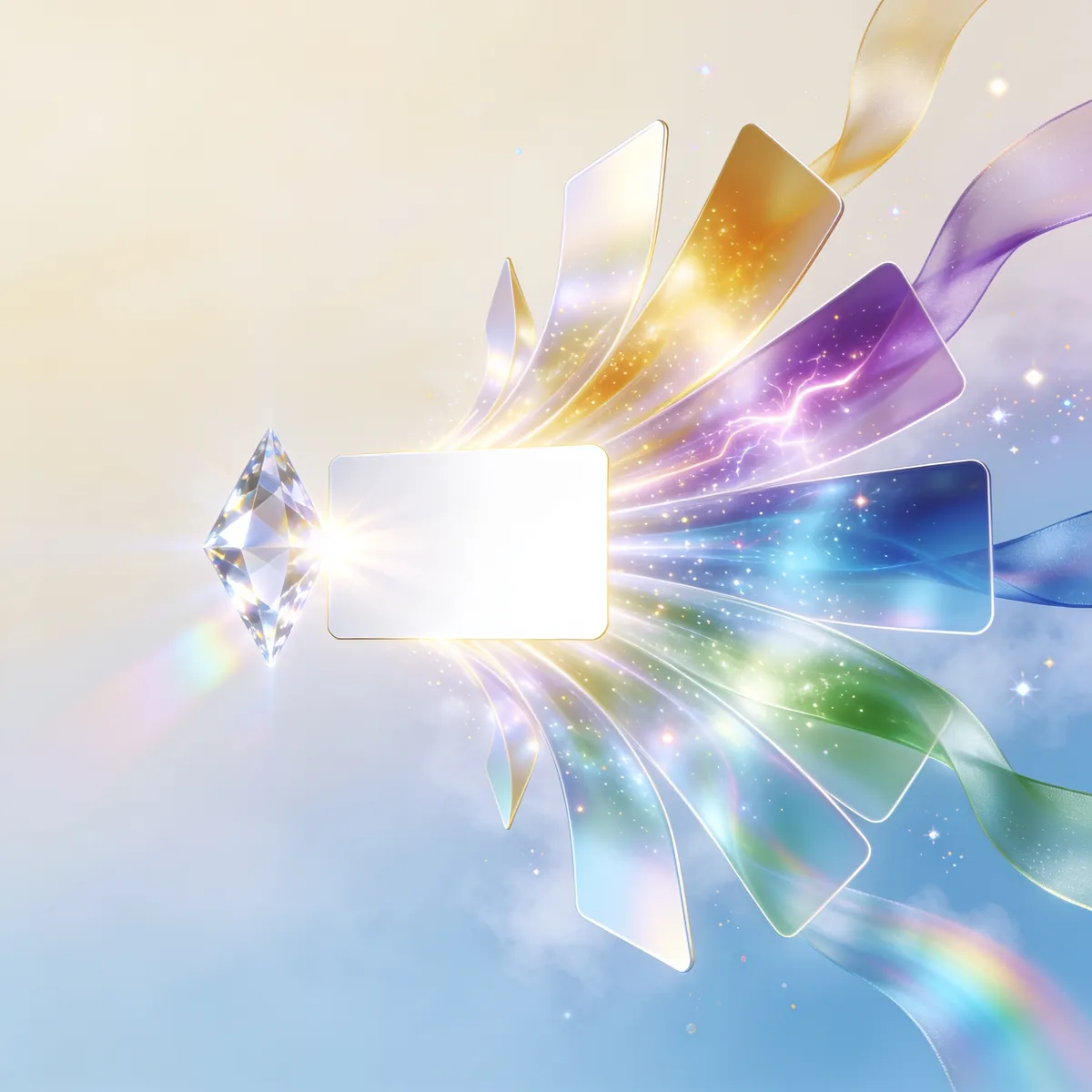 One bright card passing through a prism and splitting into a fan of coloured cards